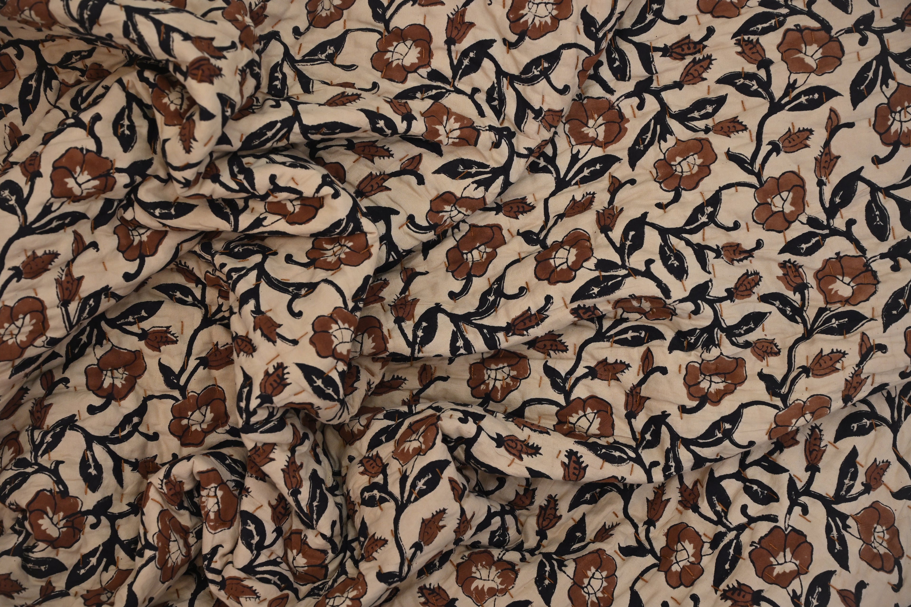 Rust & Navy Mughal Floral Hand Block Print Cotton Quilt