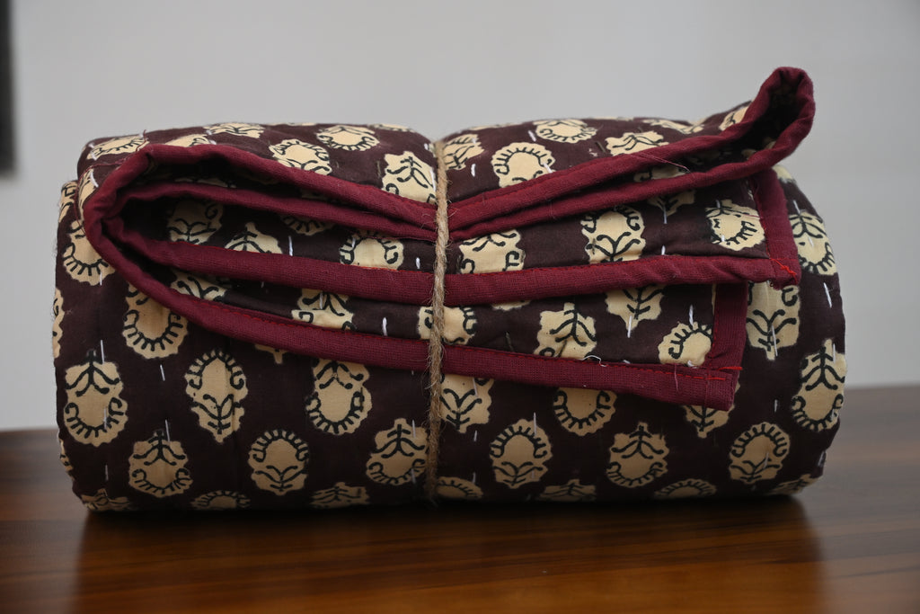 Maroon & Beige Floral Block Print Cotton Quilt