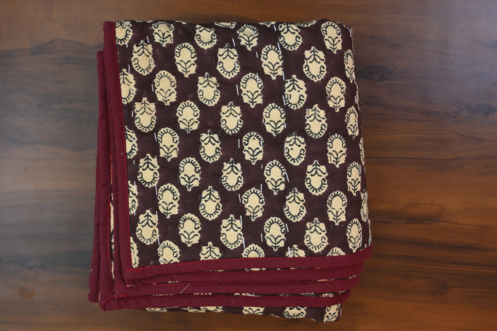 Maroon & Beige Floral Block Print Cotton Quilt