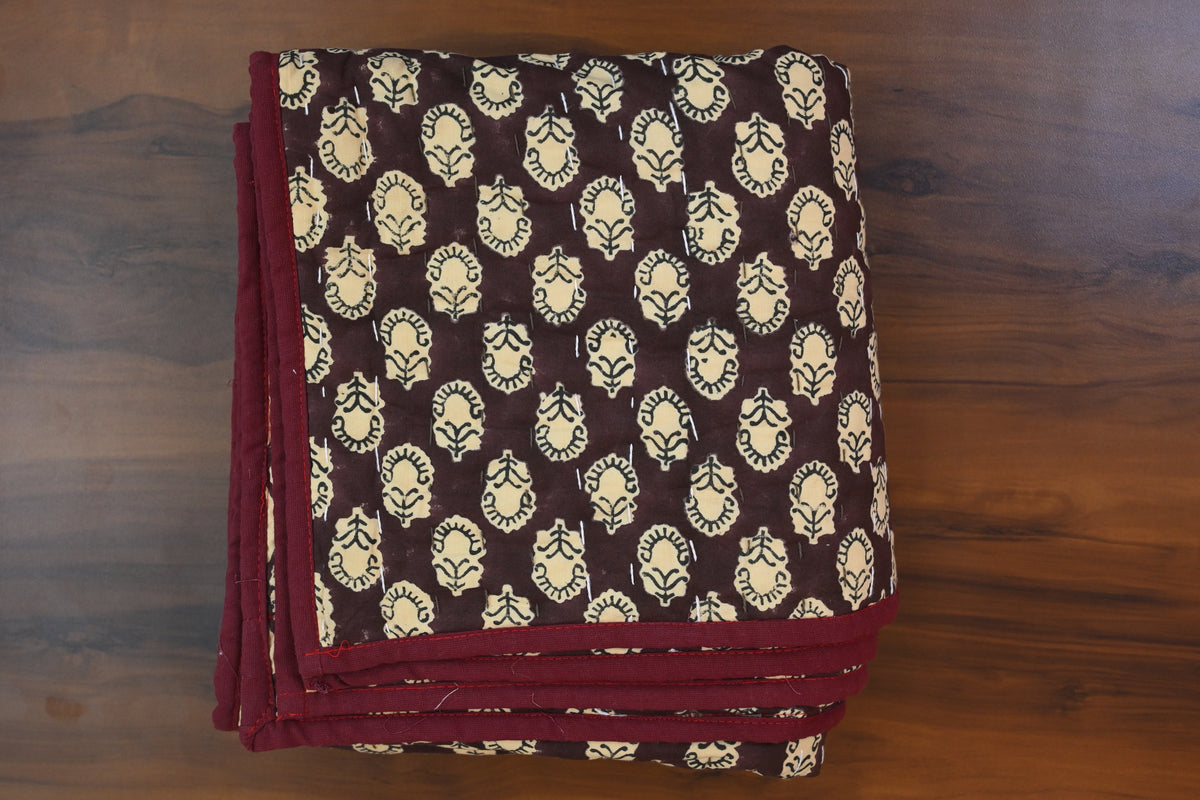 Maroon & Beige Floral Block Print Cotton Quilt