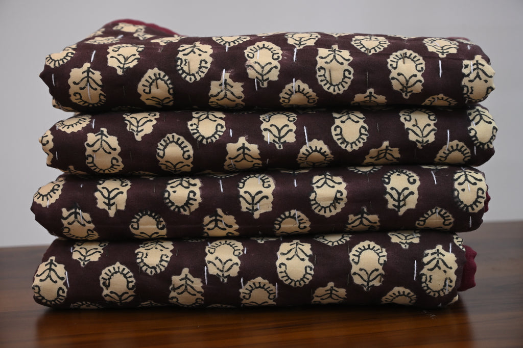 Maroon & Beige Floral Block Print Cotton Quilt
