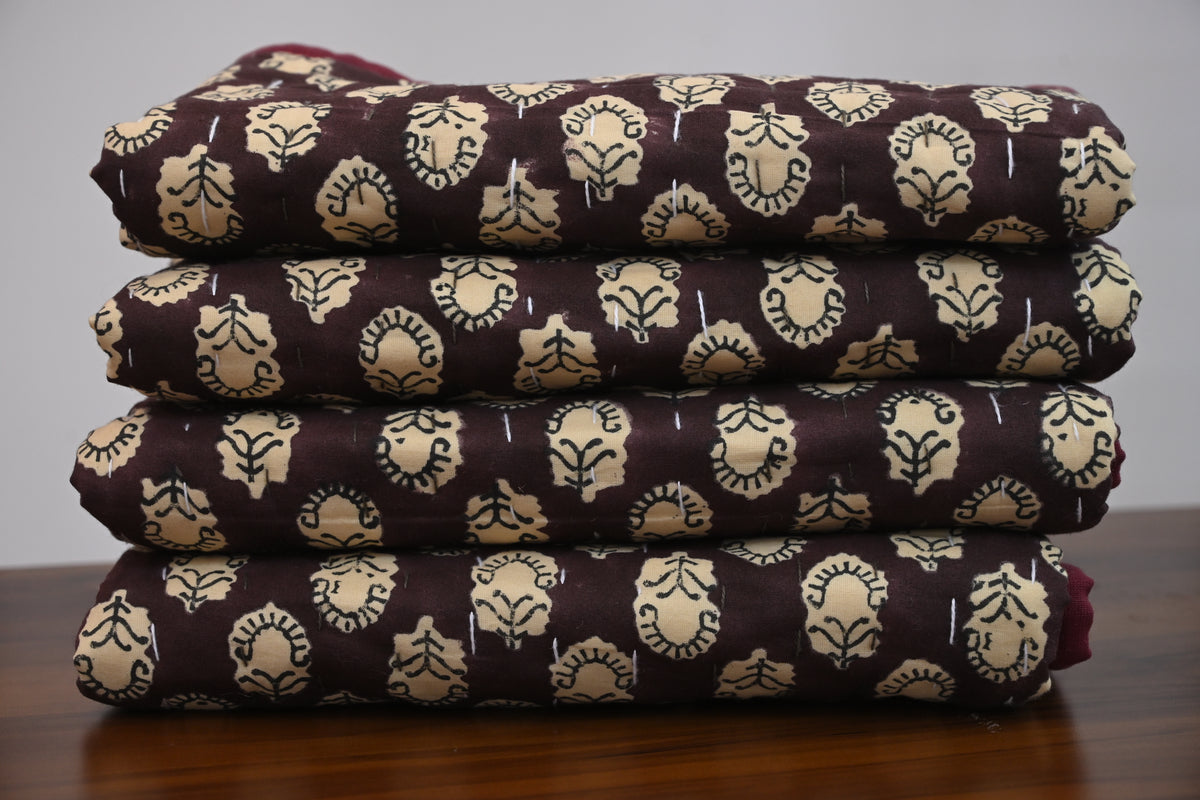Maroon & Beige Floral Block Print Cotton Quilt