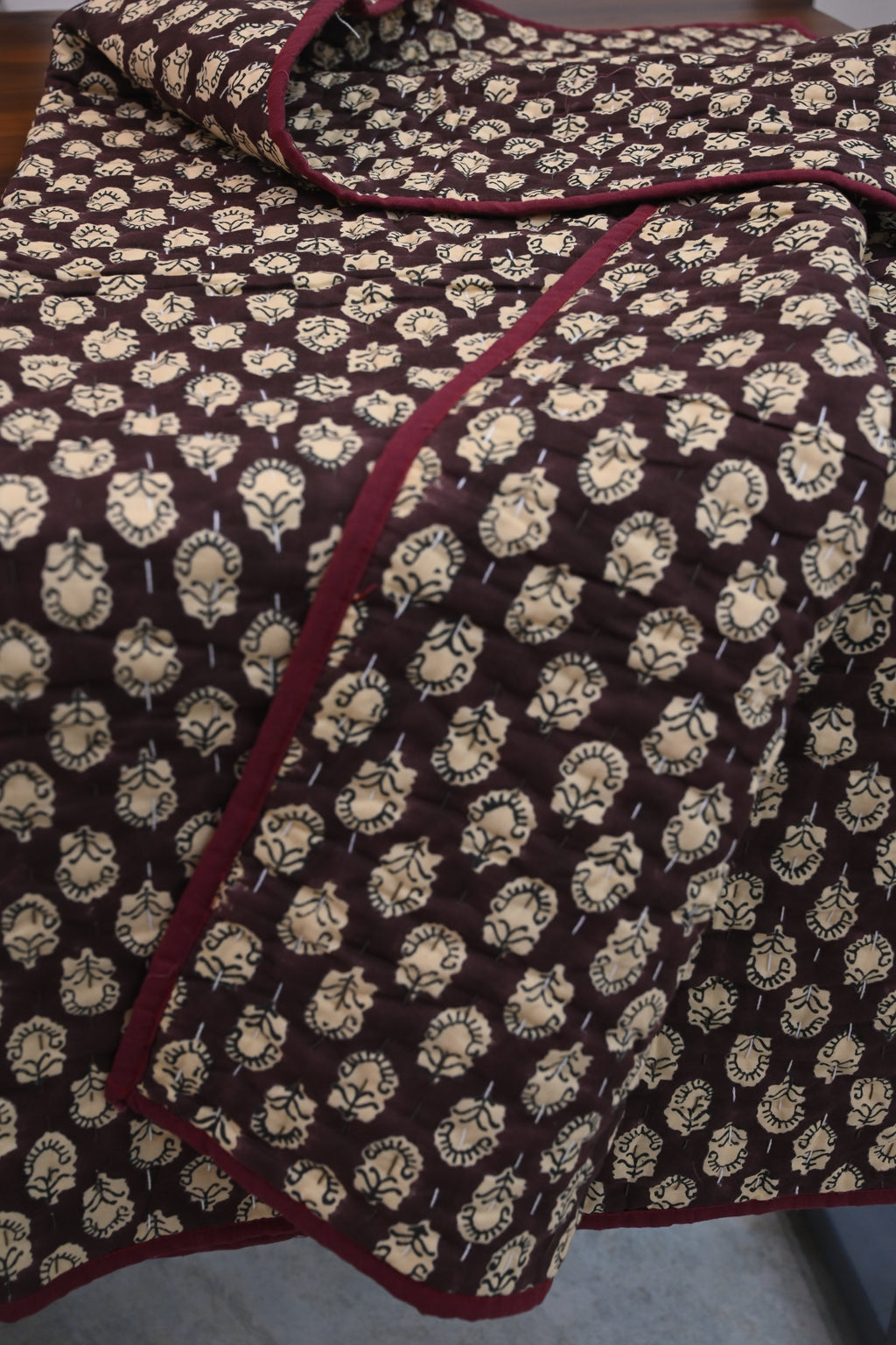 Maroon & Beige Floral Block Print Cotton Quilt