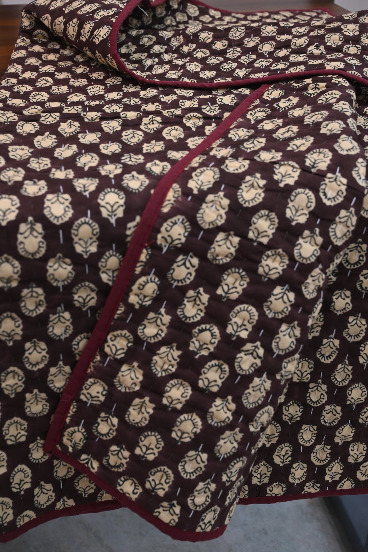 Maroon & Beige Floral Block Print Cotton Quilt