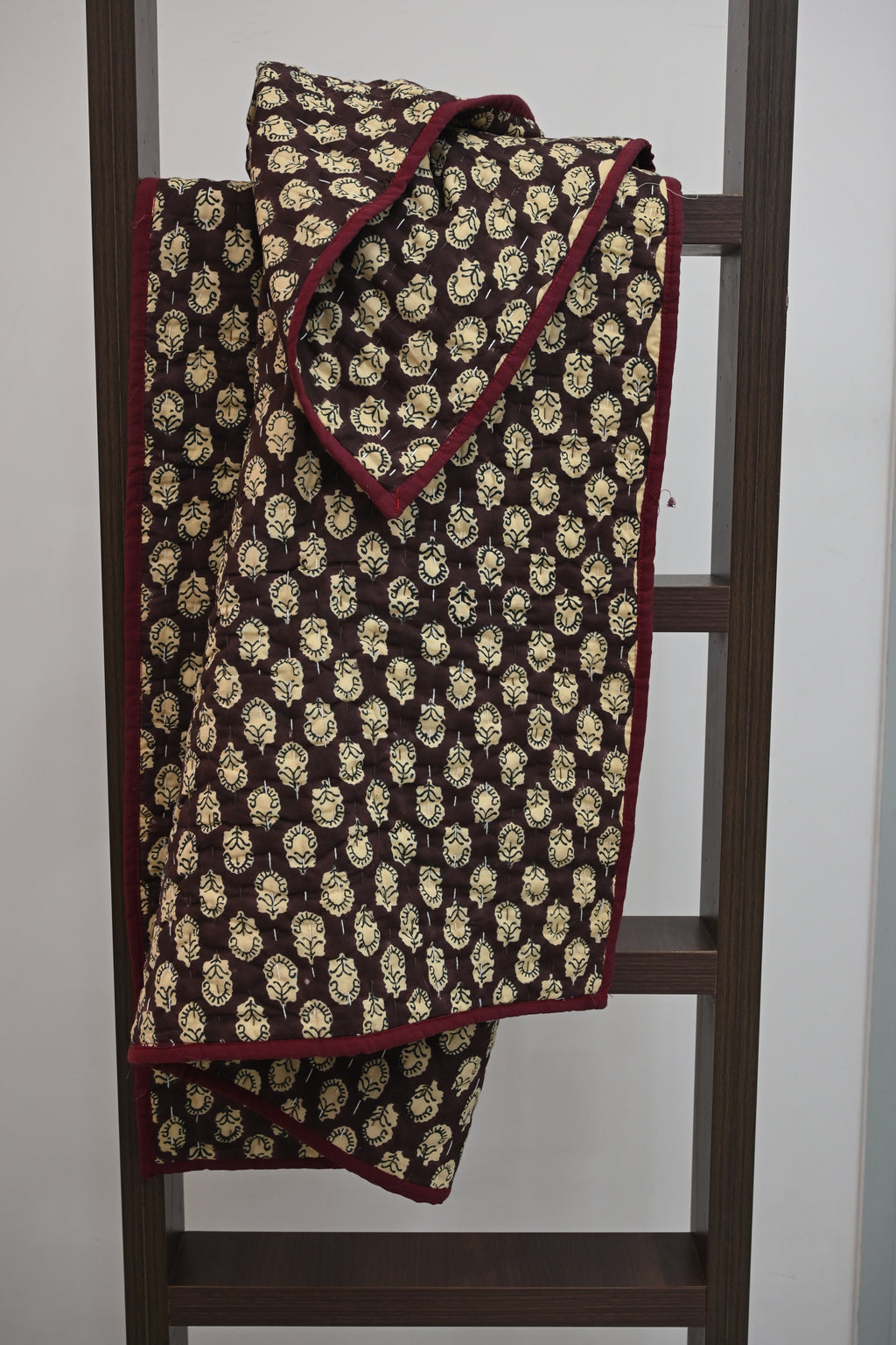 Maroon & Beige Floral Block Print Cotton Quilt