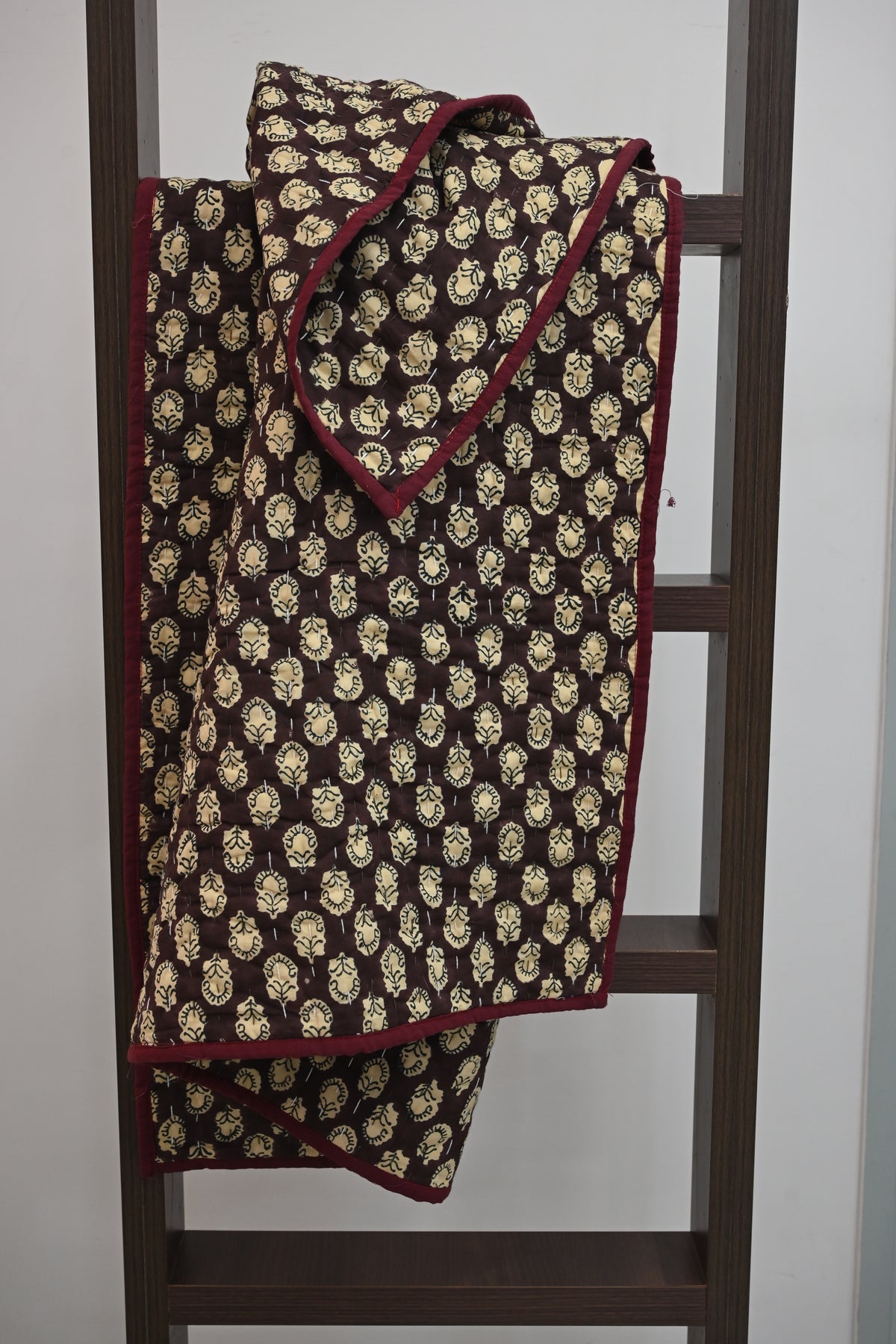 Maroon & Beige Floral Block Print Cotton Quilt