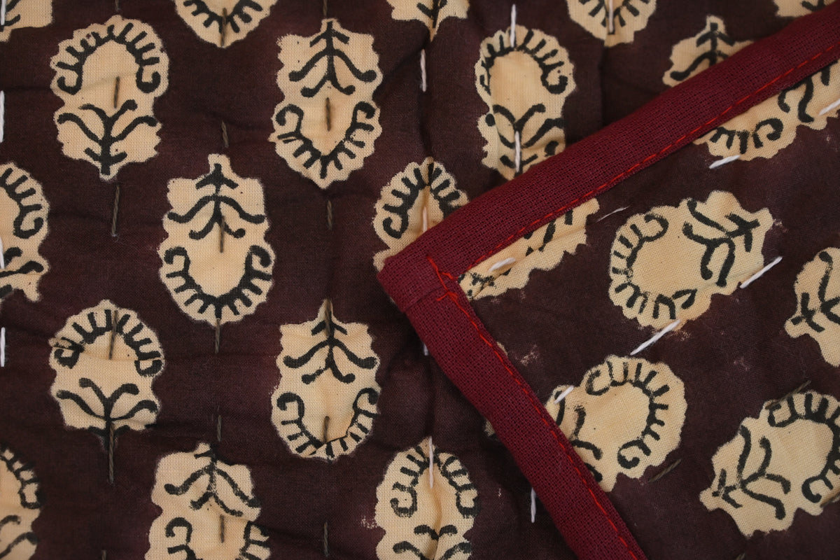 Maroon & Beige Floral Block Print Cotton Quilt