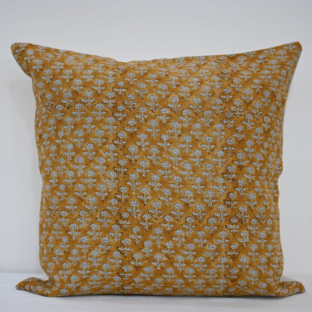 Makayla Yellow Linen Block Print Pillow Cover