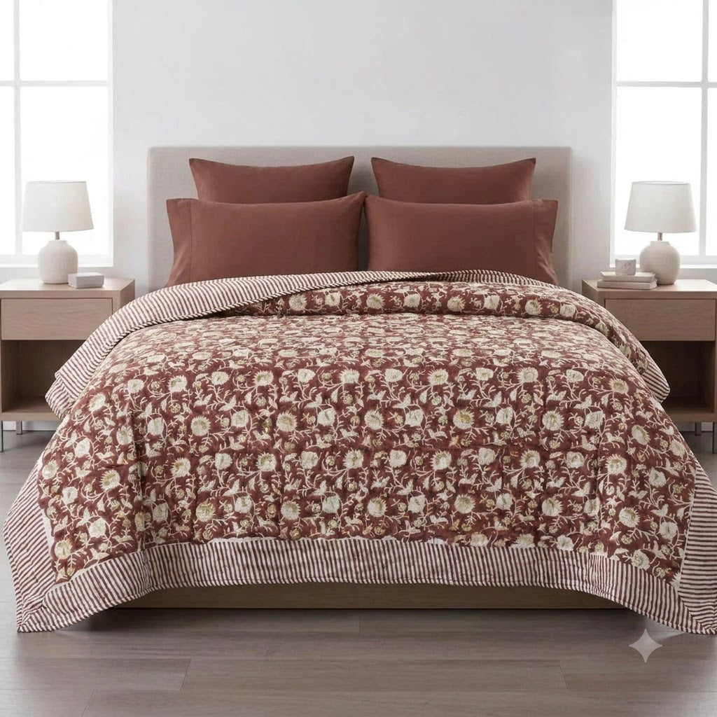 Damian Floral Hand Block Printed Quilt
