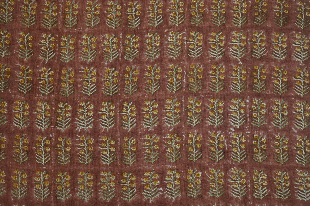 Sage Blue and Ochre Mughal Floral Hand Block Printed Linen Fabric