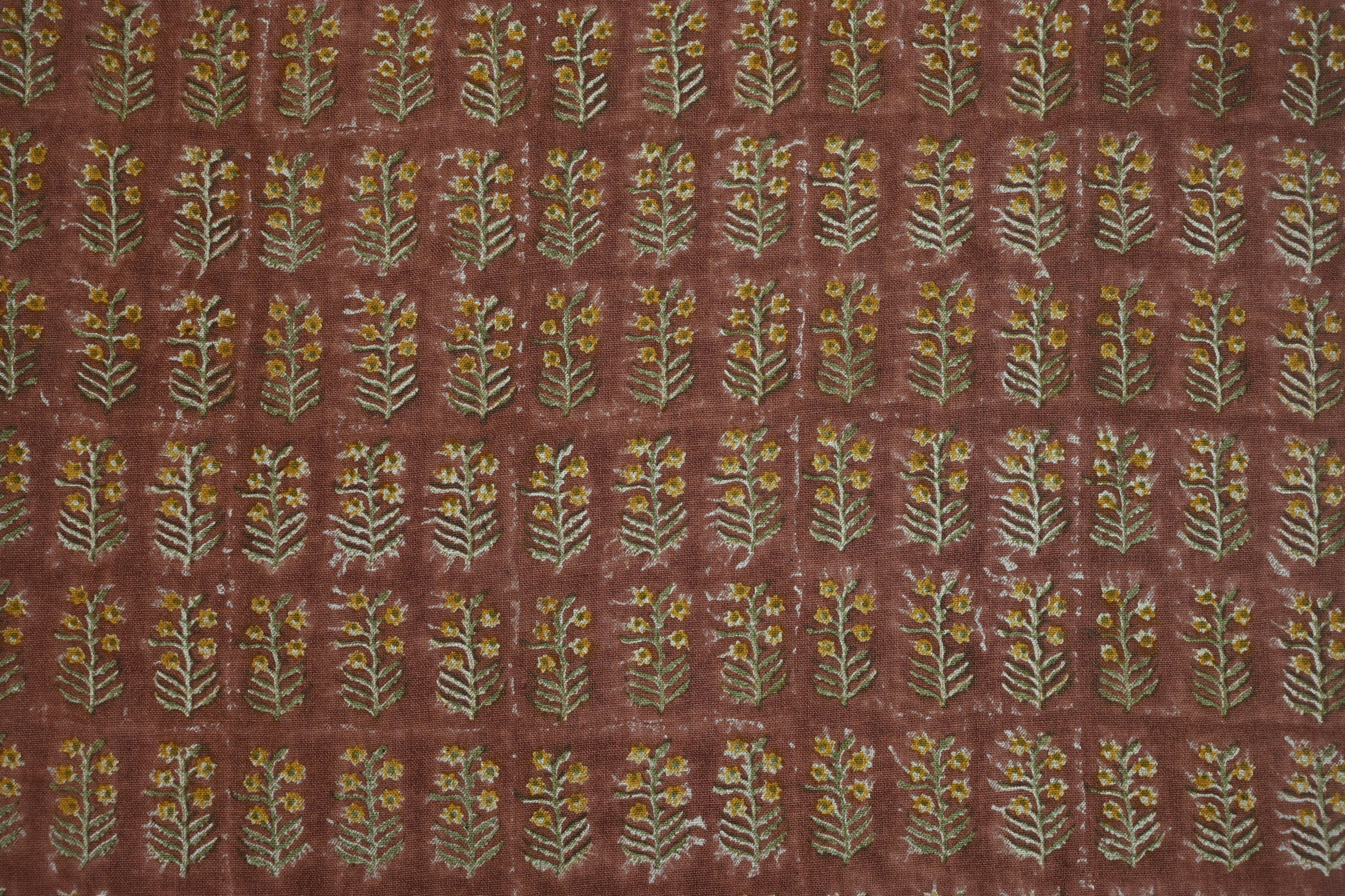 Sage Blue and Ochre Mughal Floral Hand Block Printed Linen Fabric