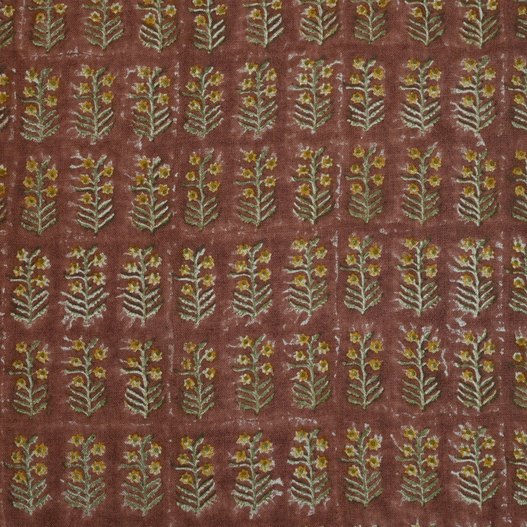 Sage Blue and Ochre Mughal Floral Hand Block Printed Linen Fabric