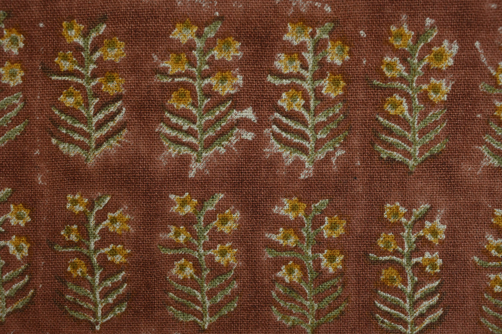 Sage Blue and Ochre Mughal Floral Hand Block Printed Linen Fabric