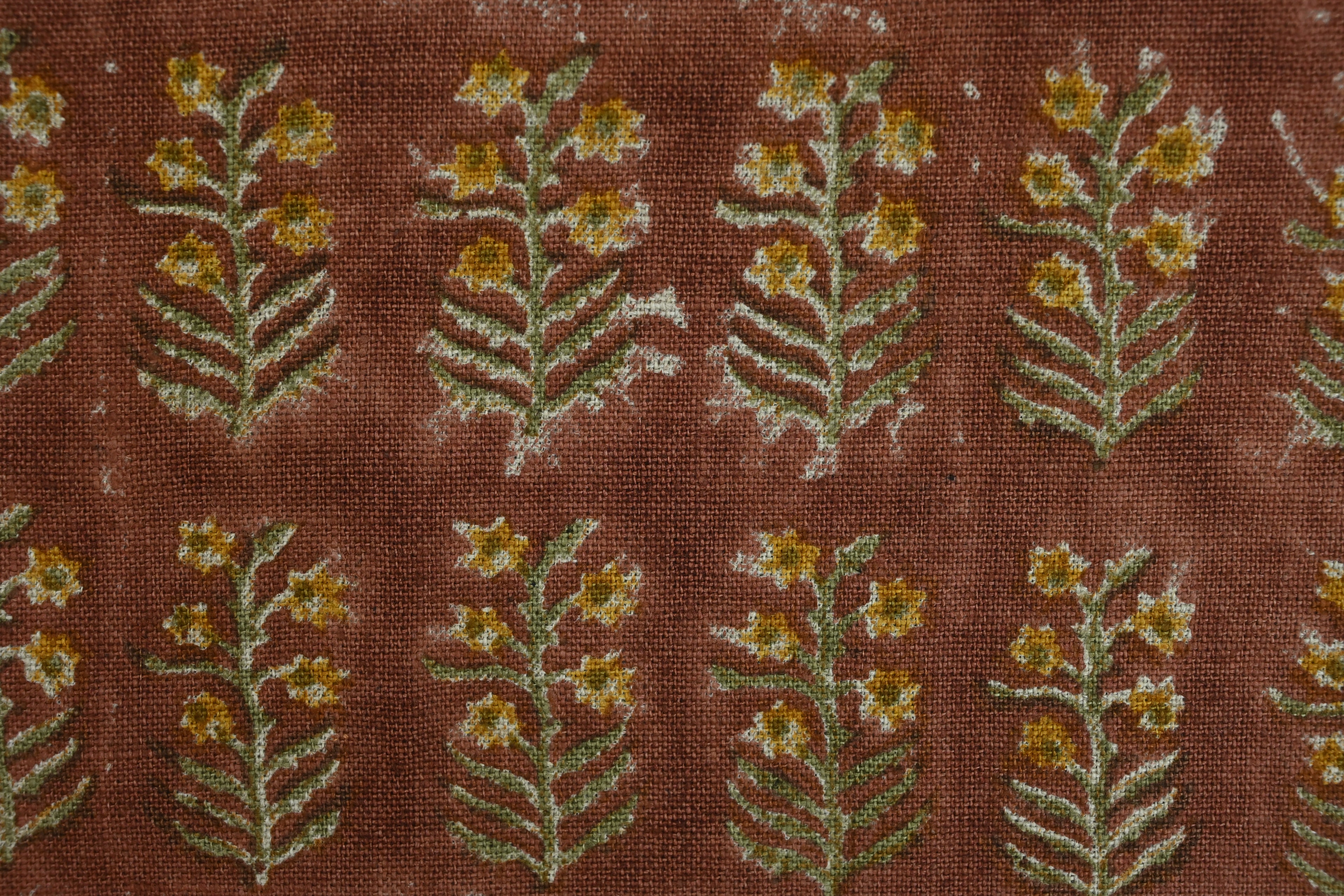 Sage Blue and Ochre Mughal Floral Hand Block Printed Linen Fabric