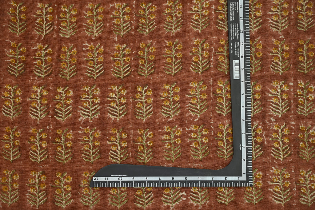 Sage Blue and Ochre Mughal Floral Hand Block Printed Linen Fabric