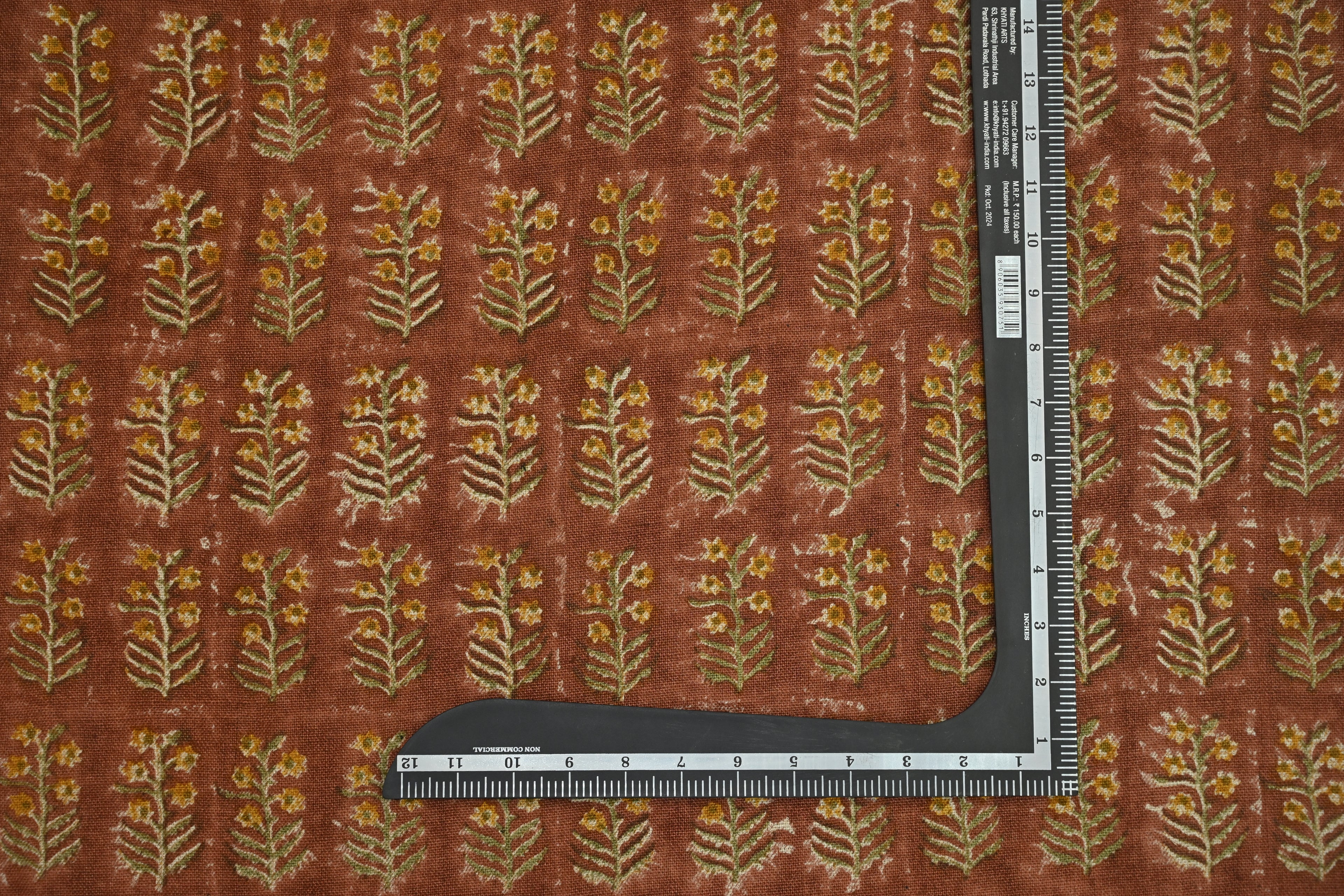 Sage Blue and Ochre Mughal Floral Hand Block Printed Linen Fabric