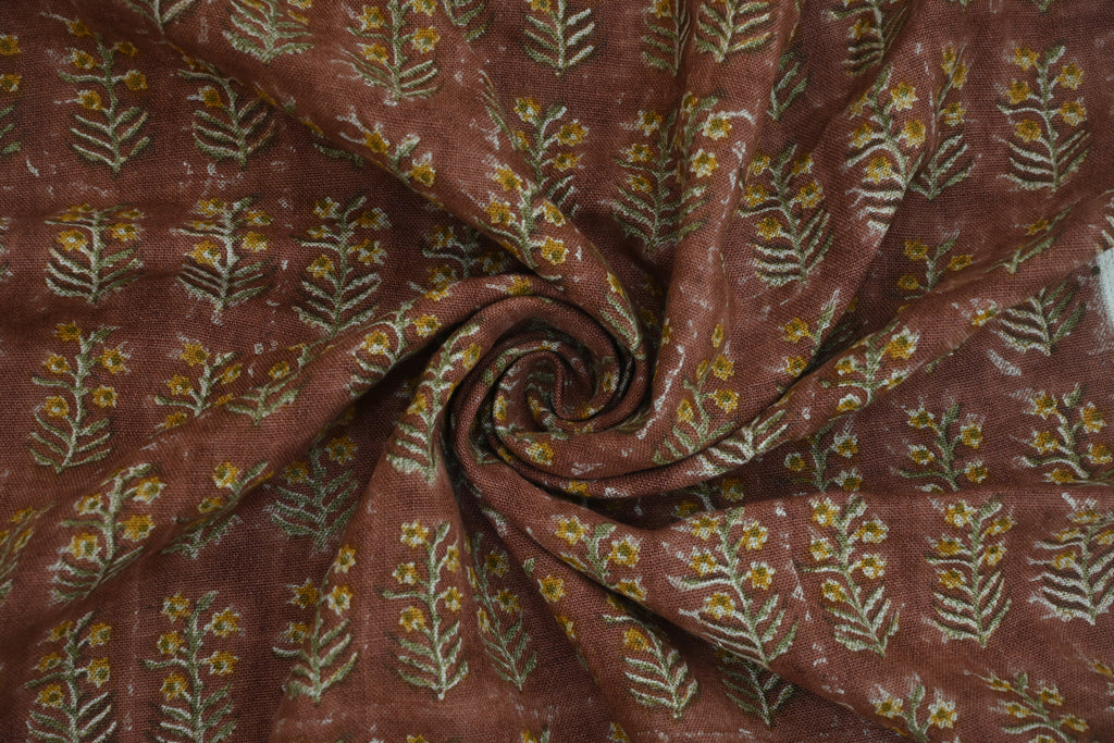 Sage Blue and Ochre Mughal Floral Hand Block Printed Linen Fabric