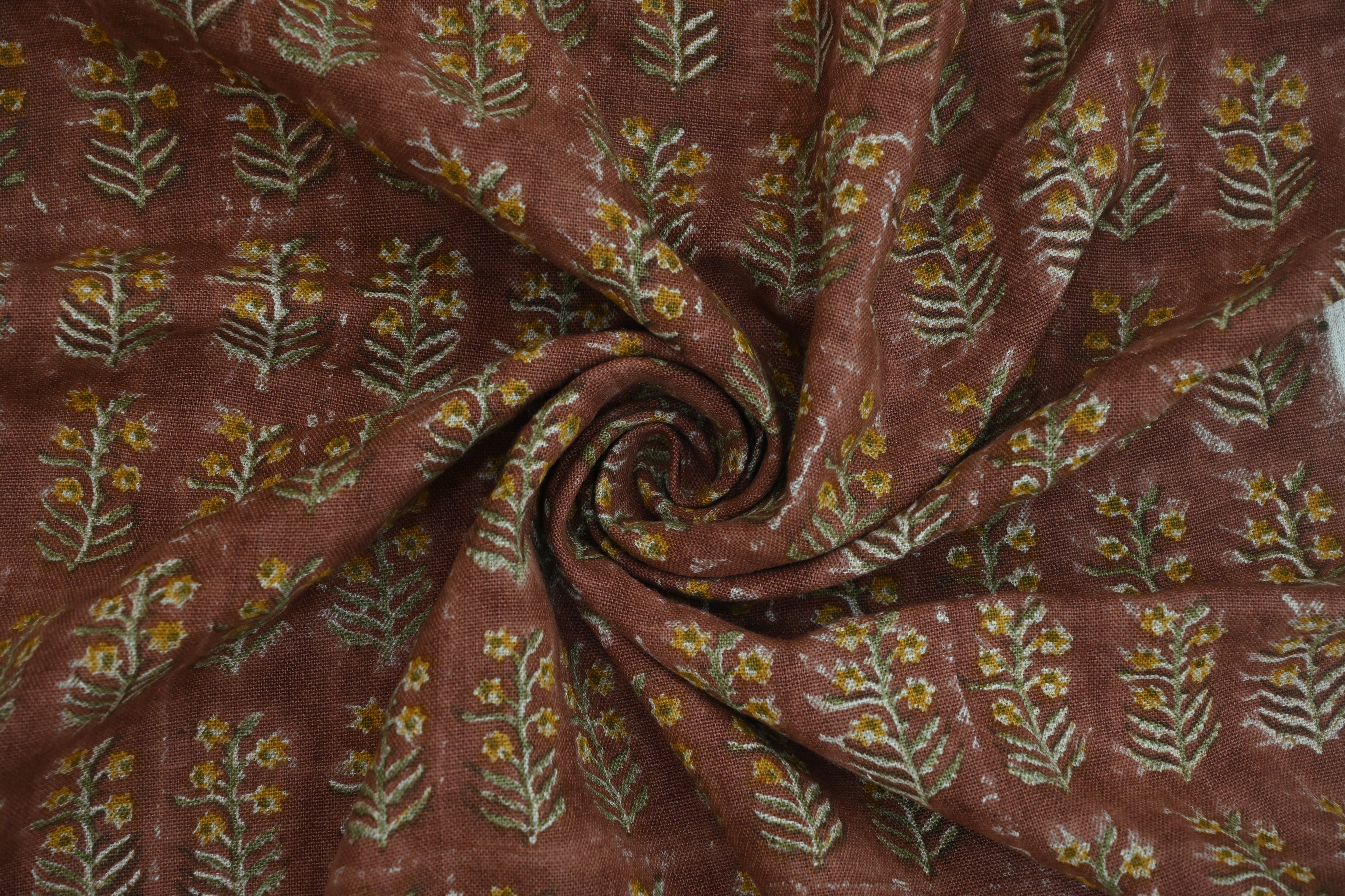 Sage Blue and Ochre Mughal Floral Hand Block Printed Linen Fabric