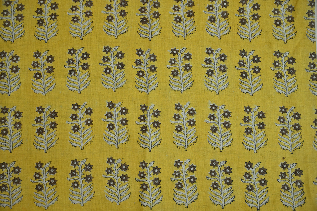 Sage Blue and Ochre Mughal Floral Hand Block Printed Linen Fabric