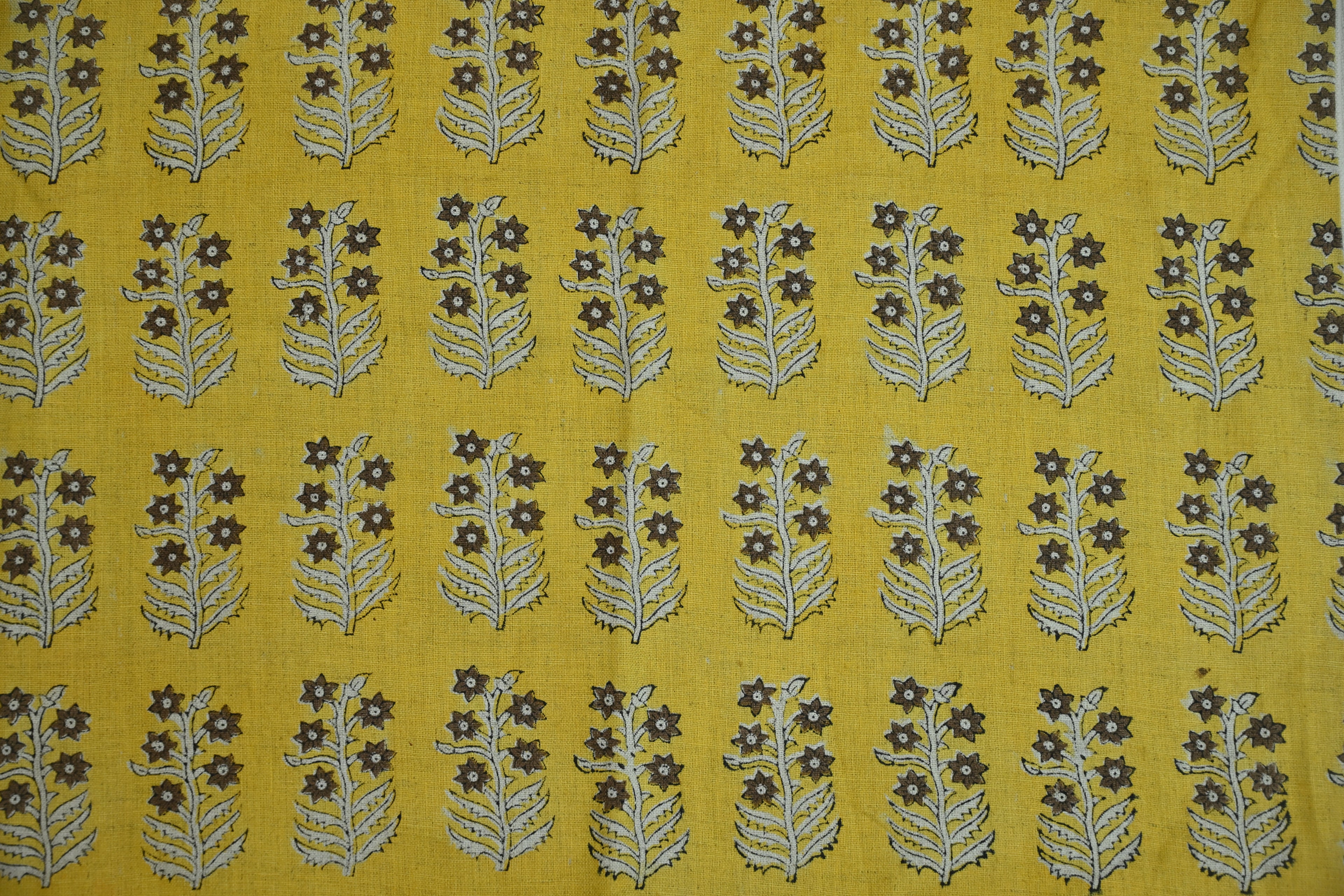 Sage Blue and Ochre Mughal Floral Hand Block Printed Linen Fabric