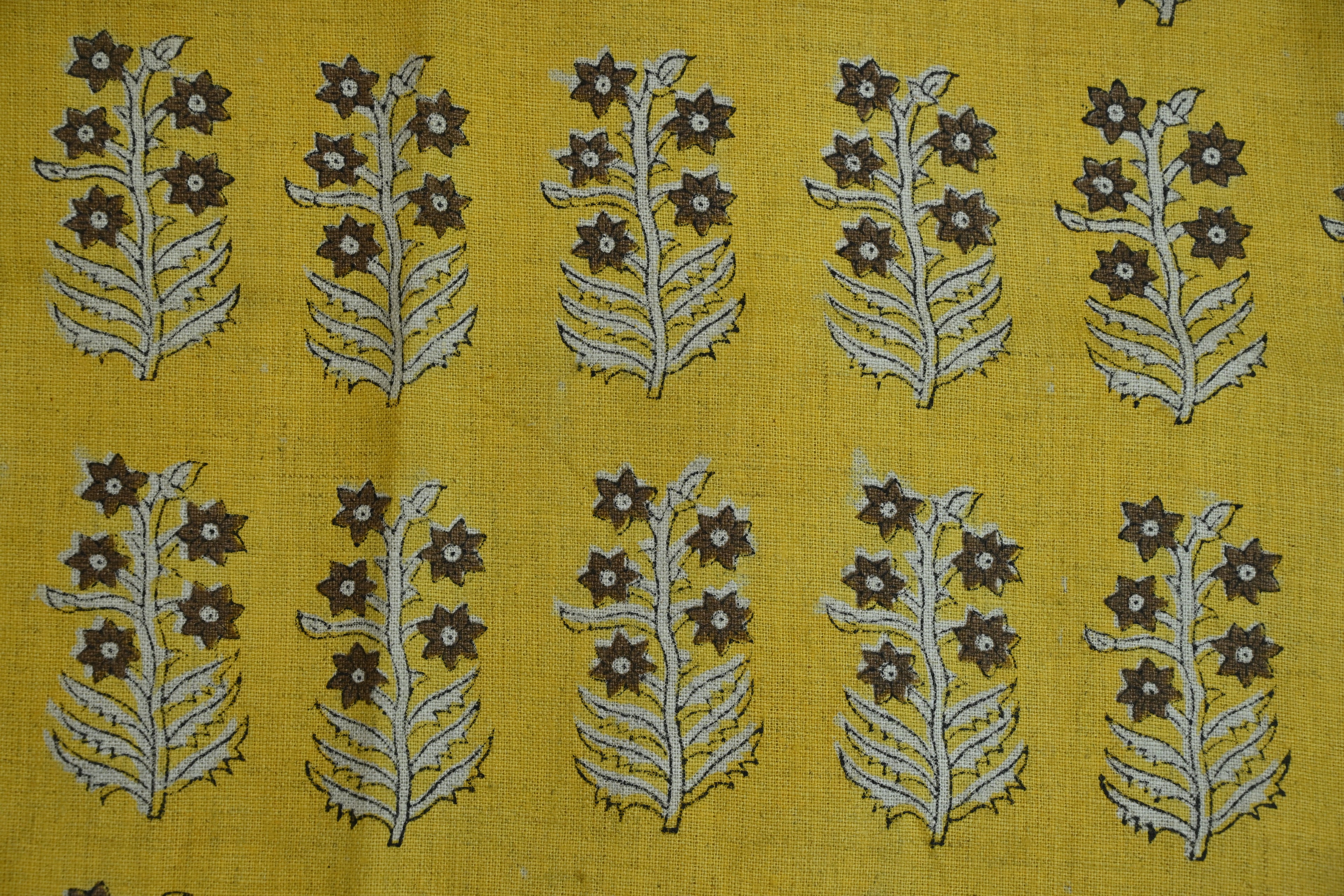 Sage Blue and Ochre Mughal Floral Hand Block Printed Linen Fabric
