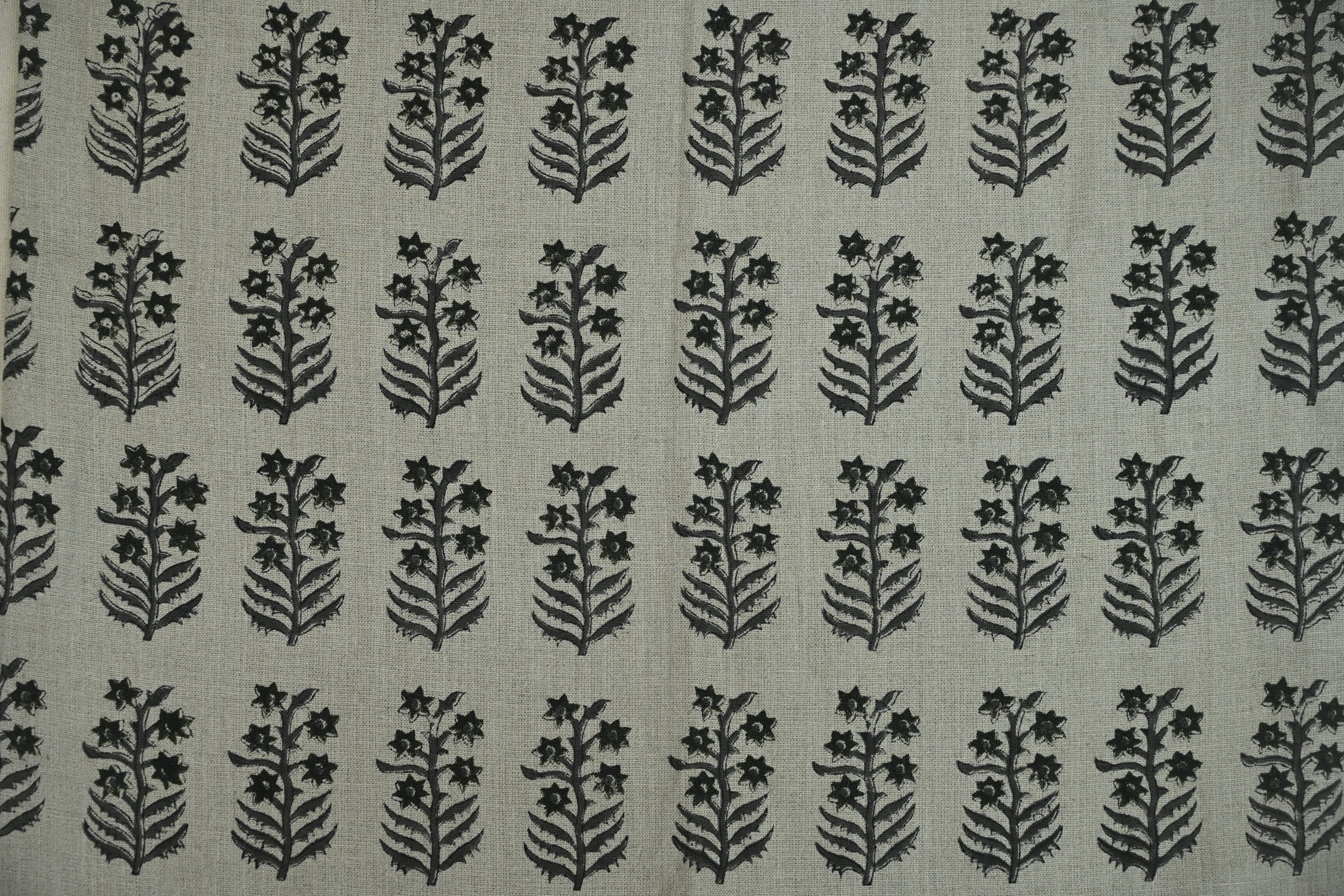 Sage Blue and Ochre Mughal Floral Hand Block Printed Linen Fabric