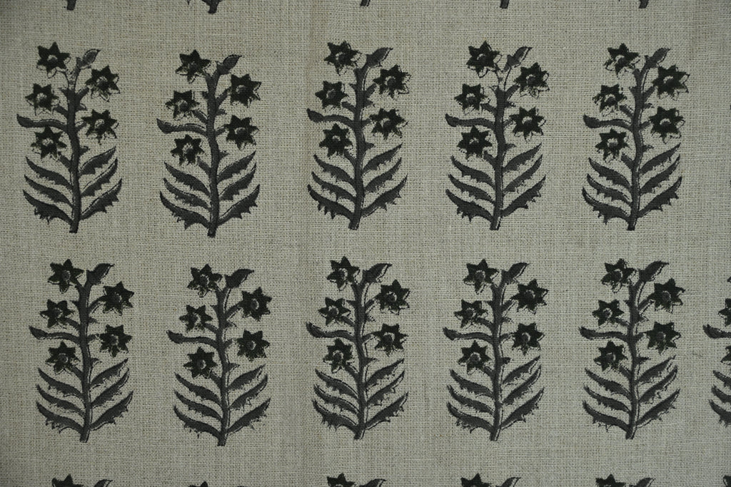 Sage Blue and Ochre Mughal Floral Hand Block Printed Linen Fabric