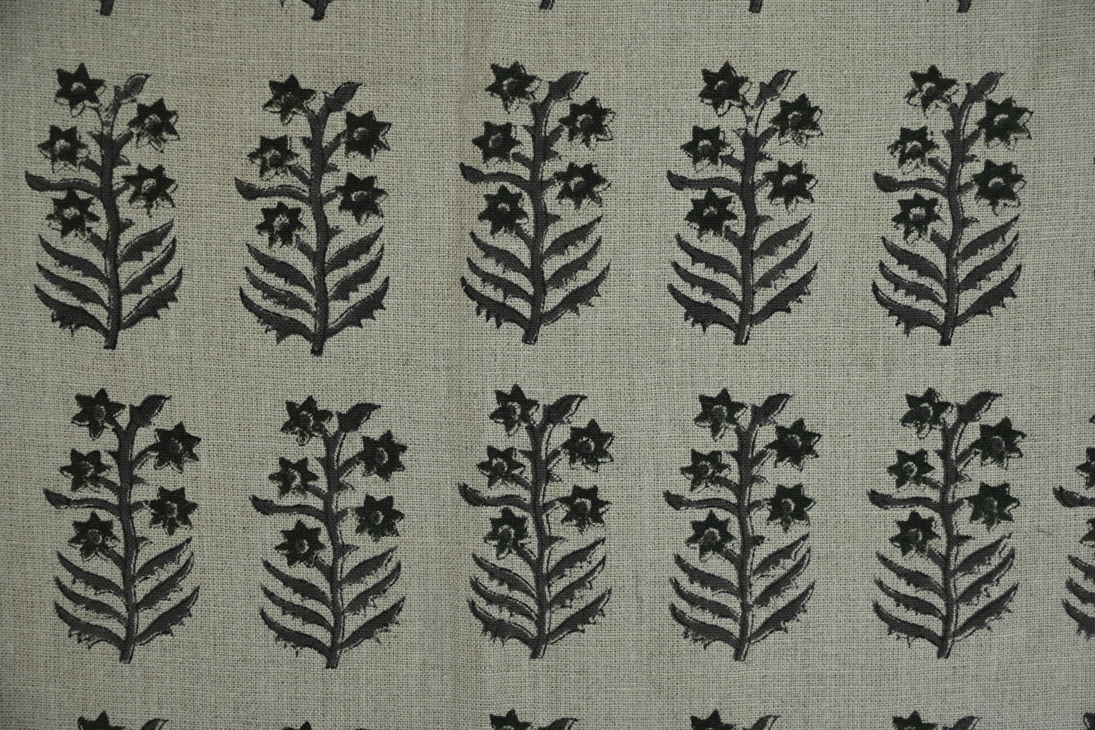 Sage Blue and Ochre Mughal Floral Hand Block Printed Linen Fabric