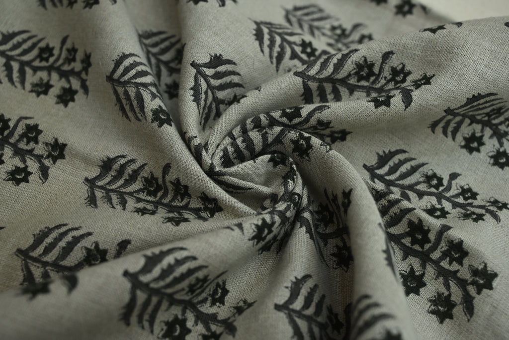 Sage Blue and Ochre Mughal Floral Hand Block Printed Linen Fabric