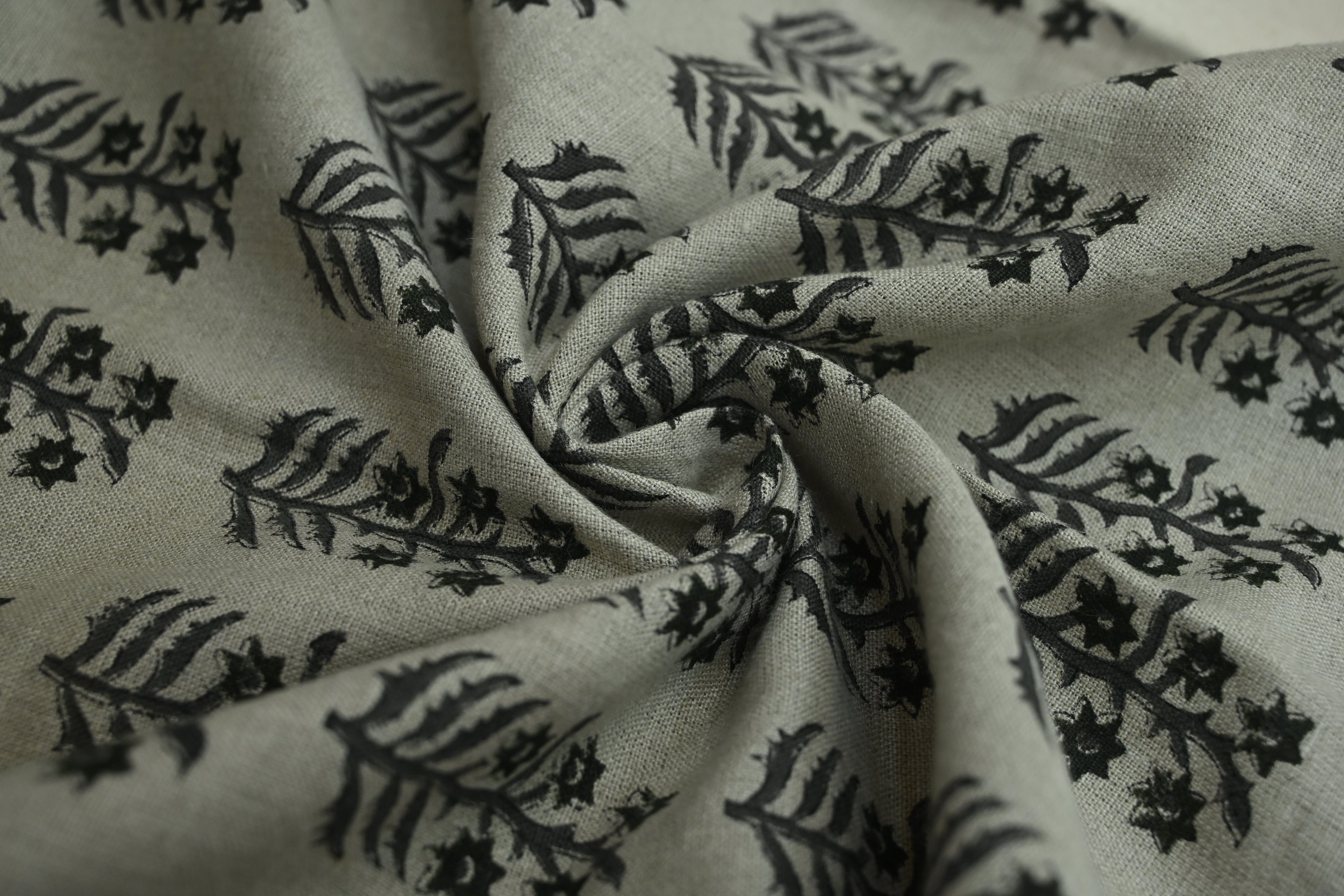Sage Blue and Ochre Mughal Floral Hand Block Printed Linen Fabric