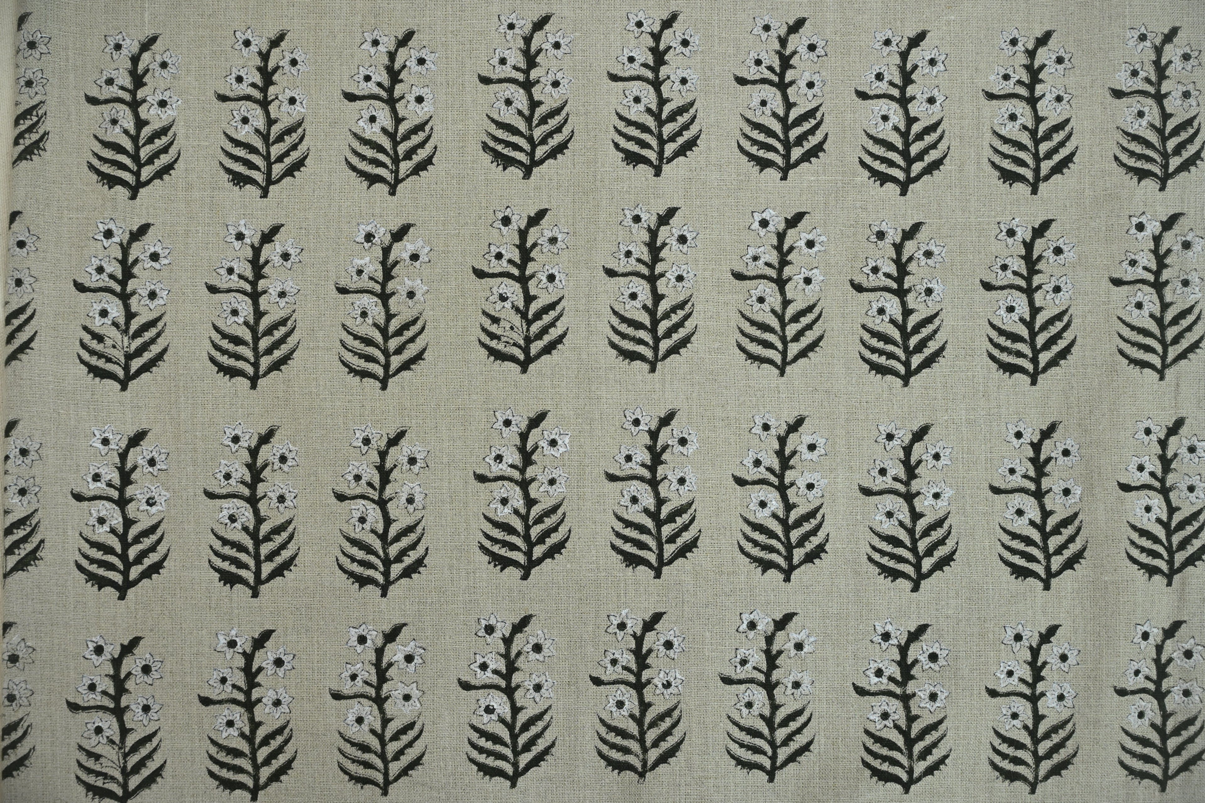 Sage Blue and Ochre Mughal Floral Hand Block Printed Linen Fabric