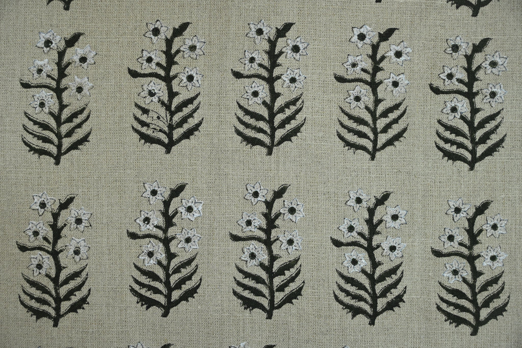 Sage Blue and Ochre Mughal Floral Hand Block Printed Linen Fabric