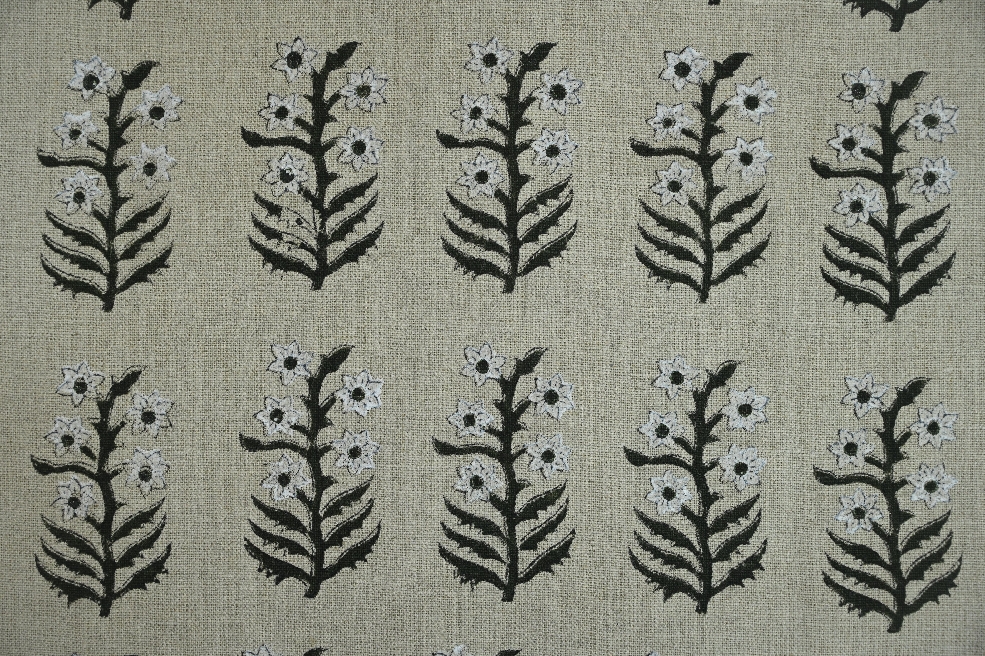 Sage Blue and Ochre Mughal Floral Hand Block Printed Linen Fabric