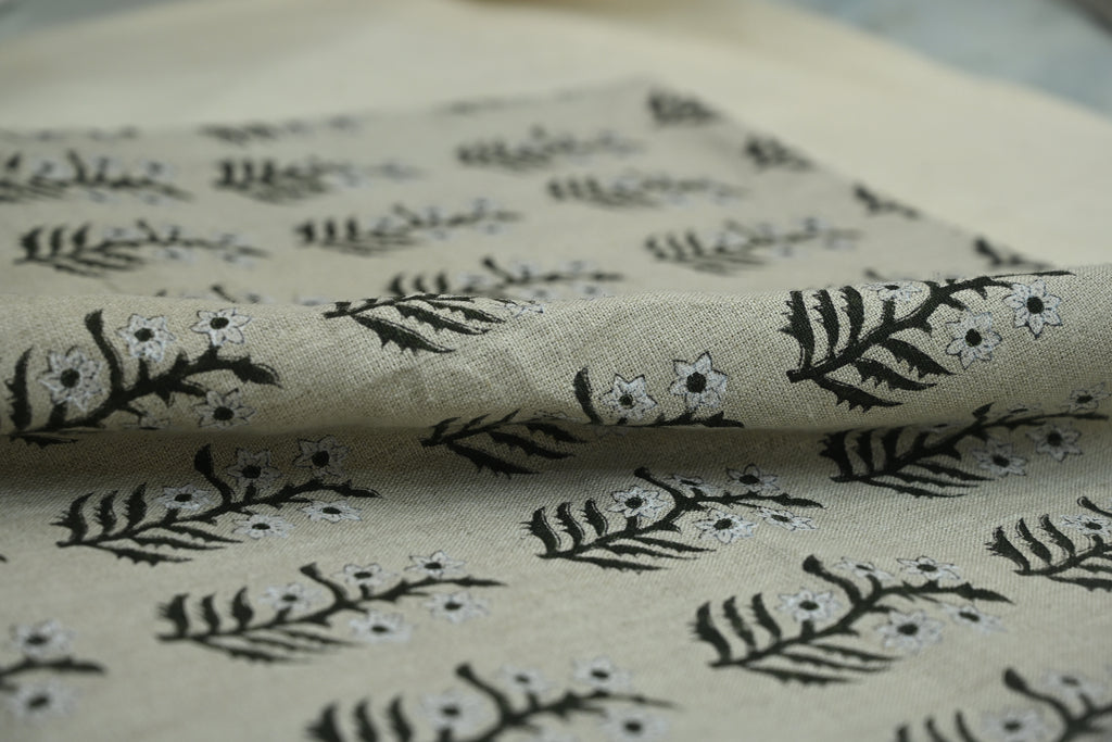 Sage Blue and Ochre Mughal Floral Hand Block Printed Linen Fabric