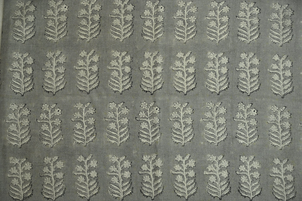 Sage Blue and Ochre Mughal Floral Hand Block Printed Linen Fabric
