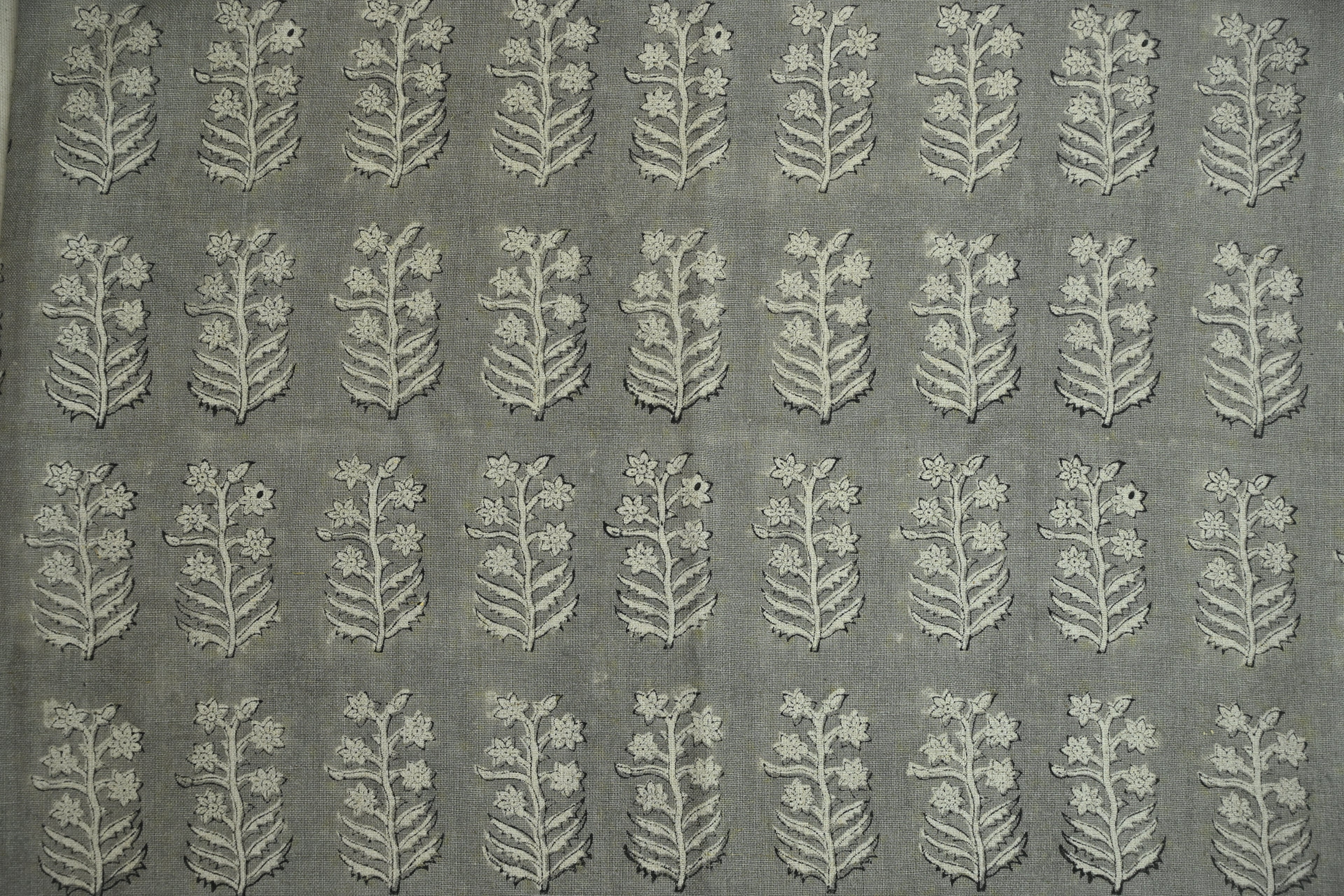 Sage Blue and Ochre Mughal Floral Hand Block Printed Linen Fabric