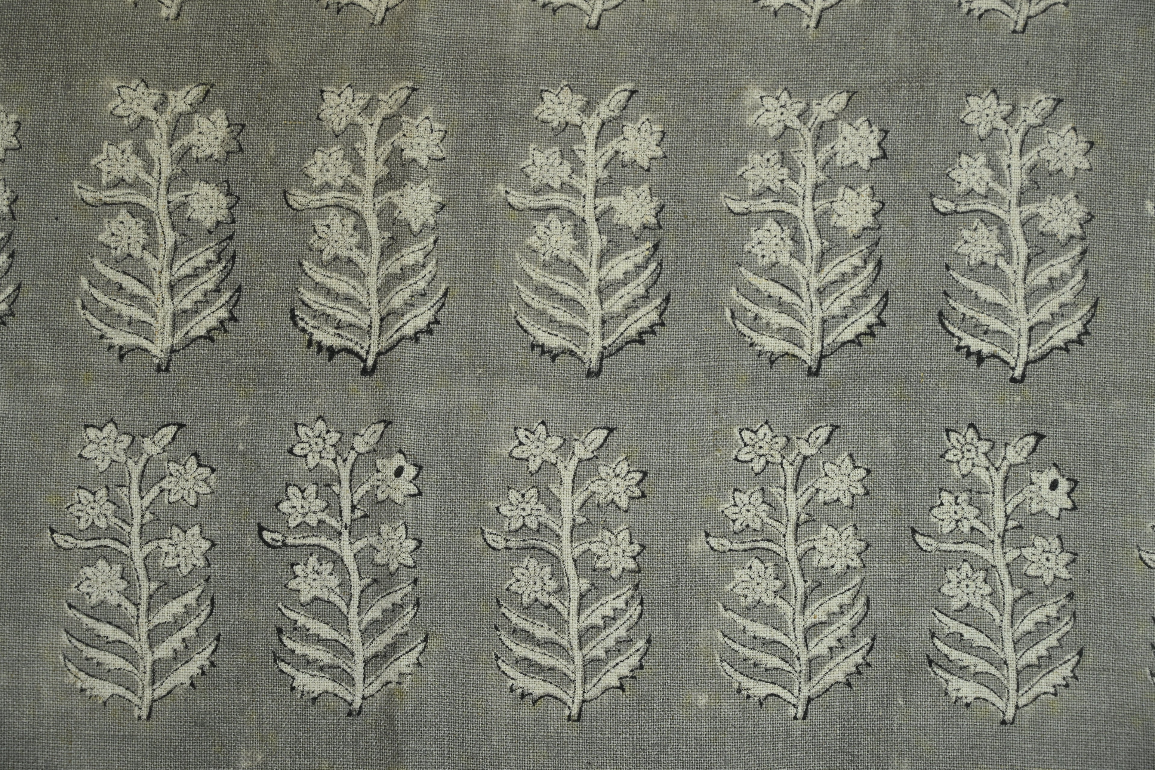 Sage Blue and Ochre Mughal Floral Hand Block Printed Linen Fabric
