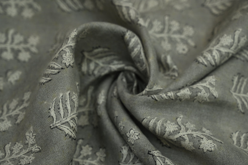 Sage Blue and Ochre Mughal Floral Hand Block Printed Linen Fabric