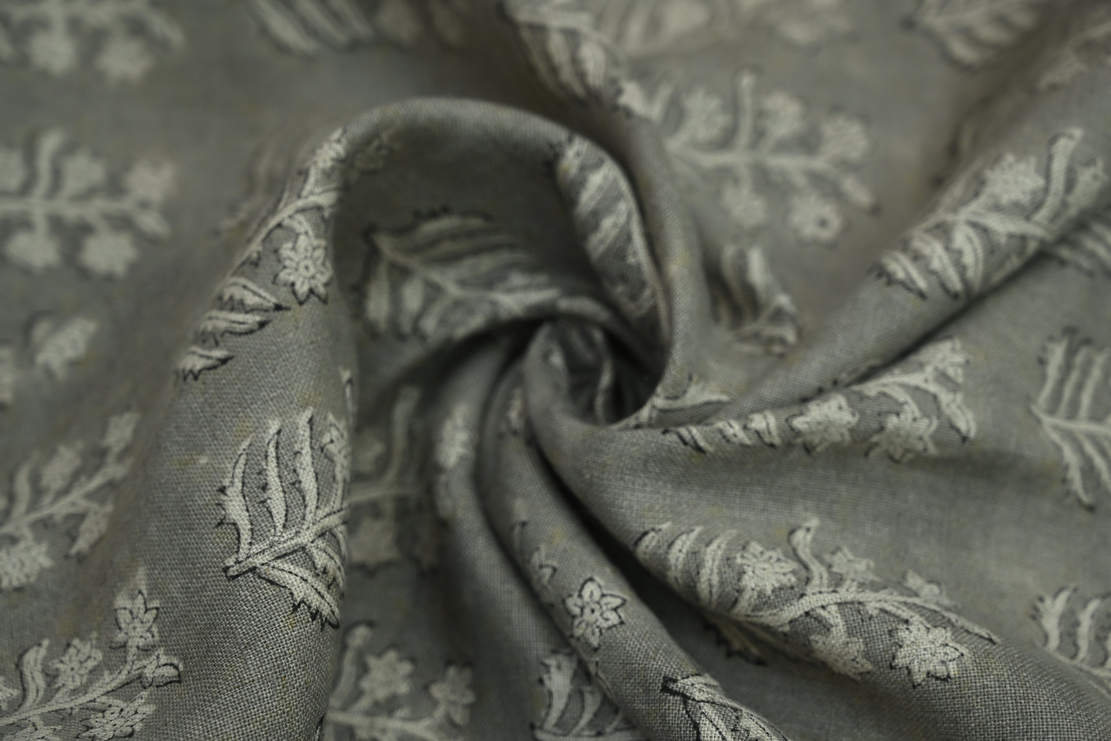 Sage Blue and Ochre Mughal Floral Hand Block Printed Linen Fabric