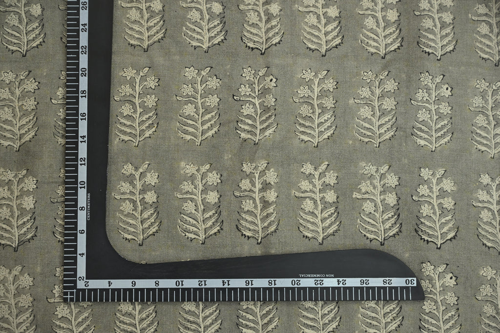 Sage Blue and Ochre Mughal Floral Hand Block Printed Linen Fabric