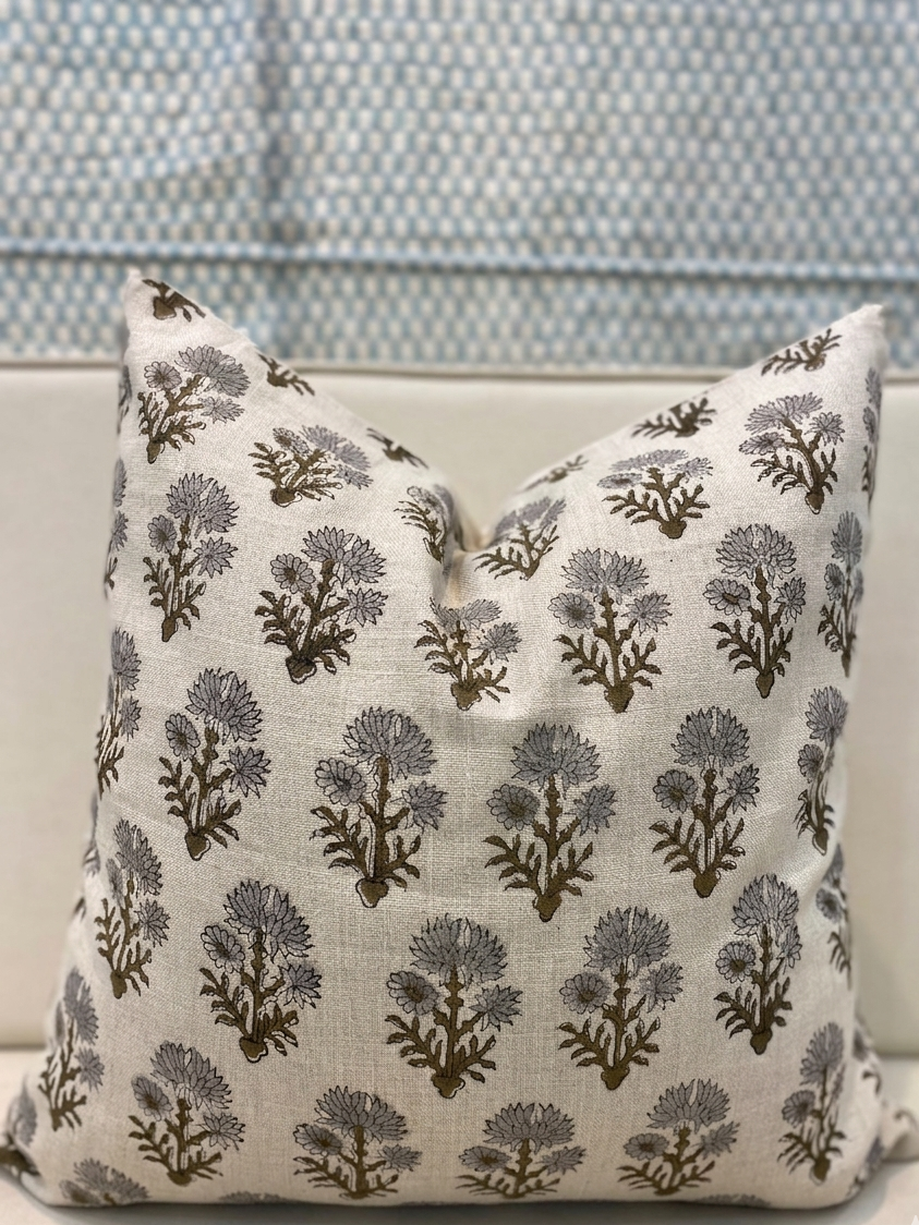Close-up of floral block print design on natural linen pillow cover