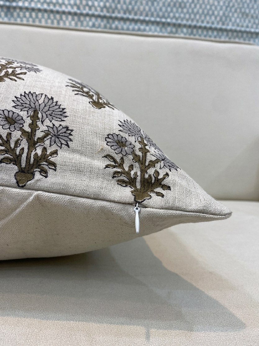 Hidden zipper closure detail on handmade linen pillow cover