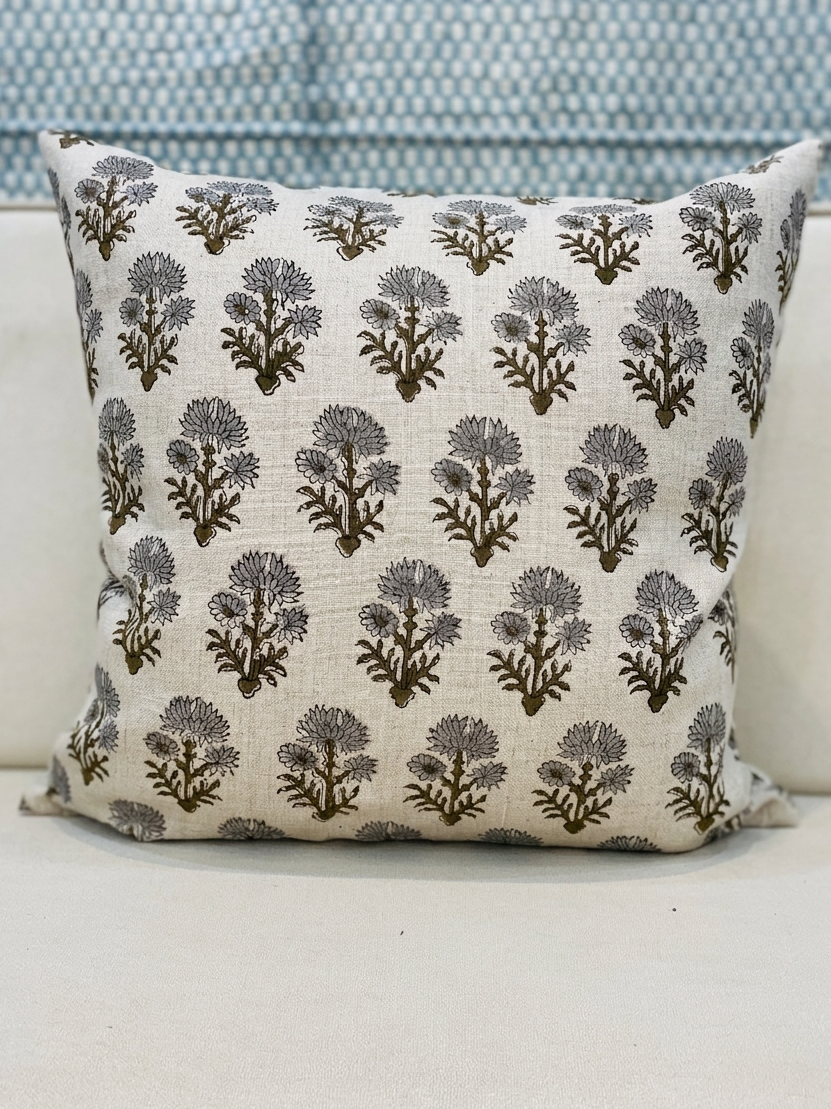 Front view of hand block print linen pillow cover with grey and olive floral pattern on natural linen