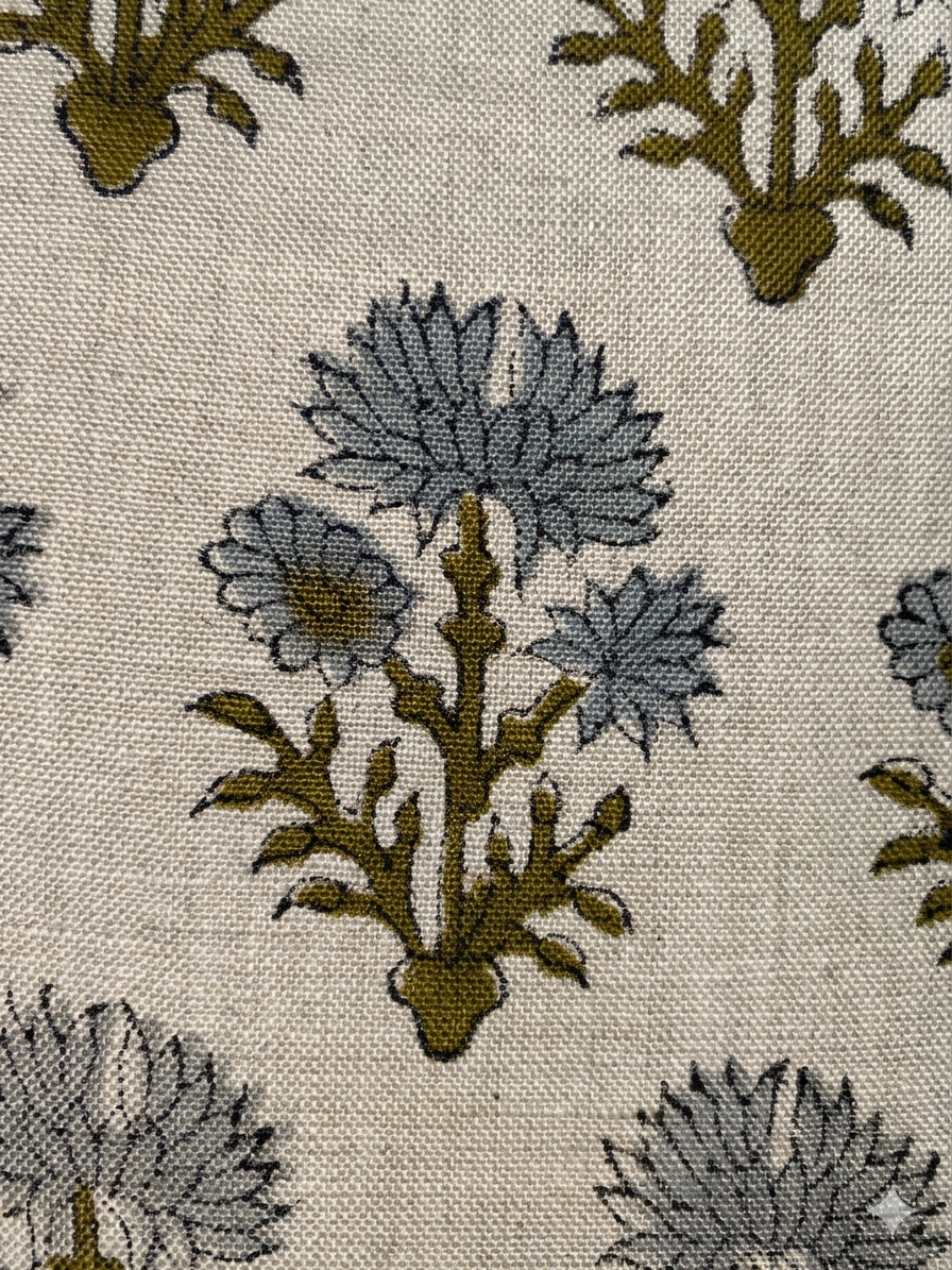 Macro detail of hand block printed floral motif on 100% linen fabric