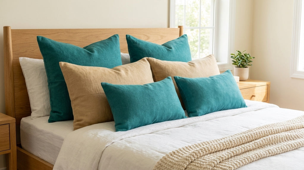 Teal linen throw pillow cover styled on a bed with matching pillow set