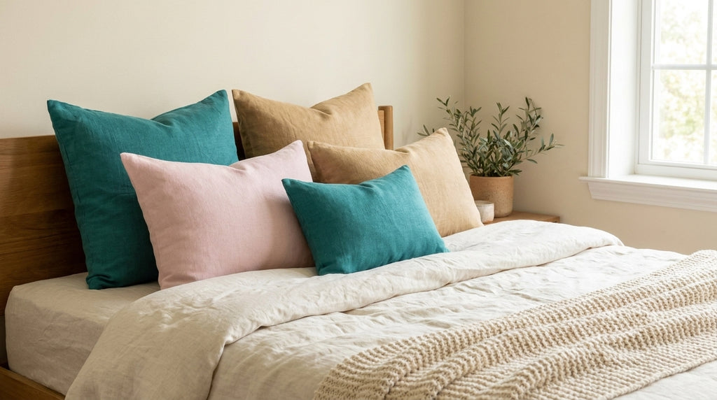 Teal linen throw pillow covers arranged on a bed for cozy bedroom decor