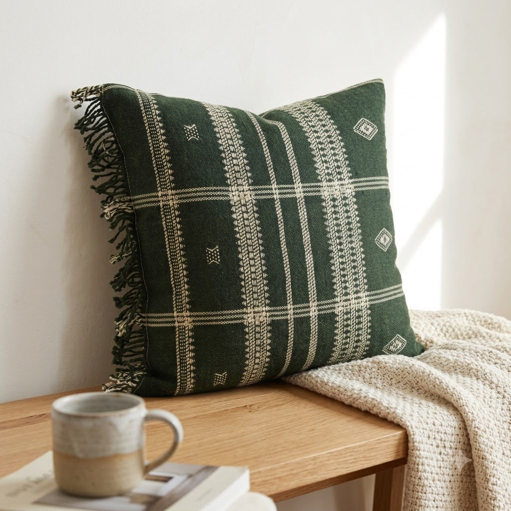 Scott Artisanal Green Fringed Cushion
