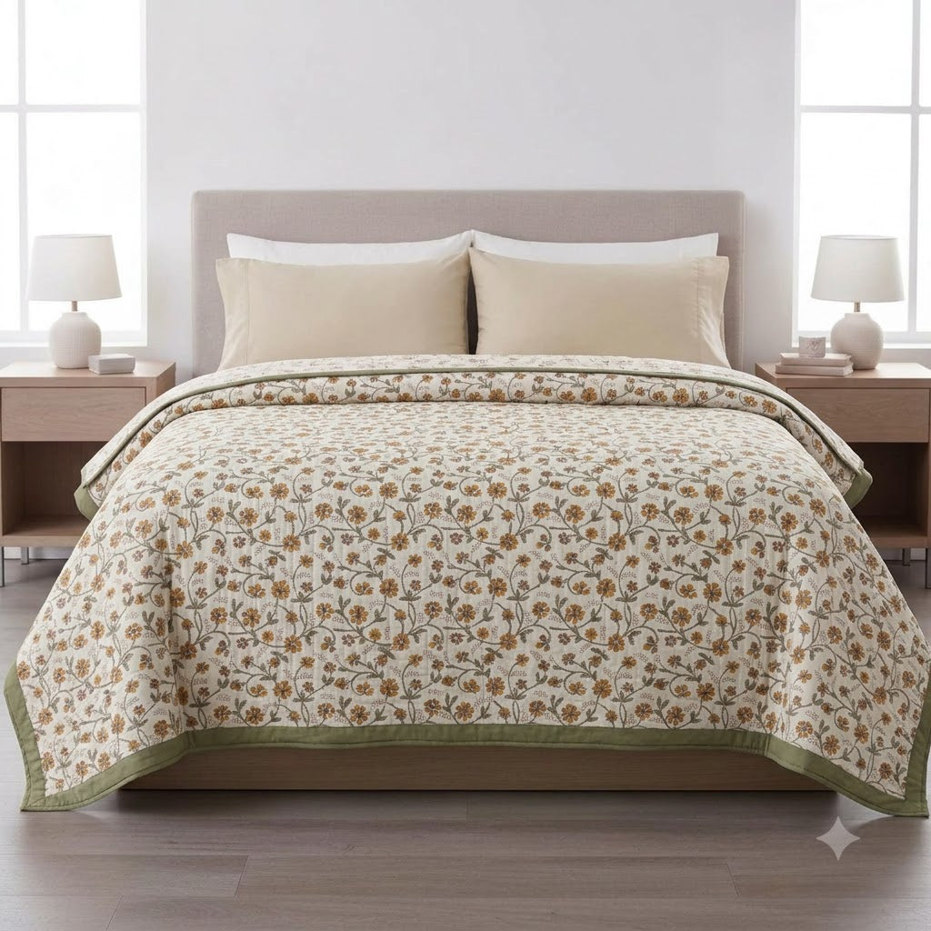 Rowan Floral Hand Block Printed Quilt