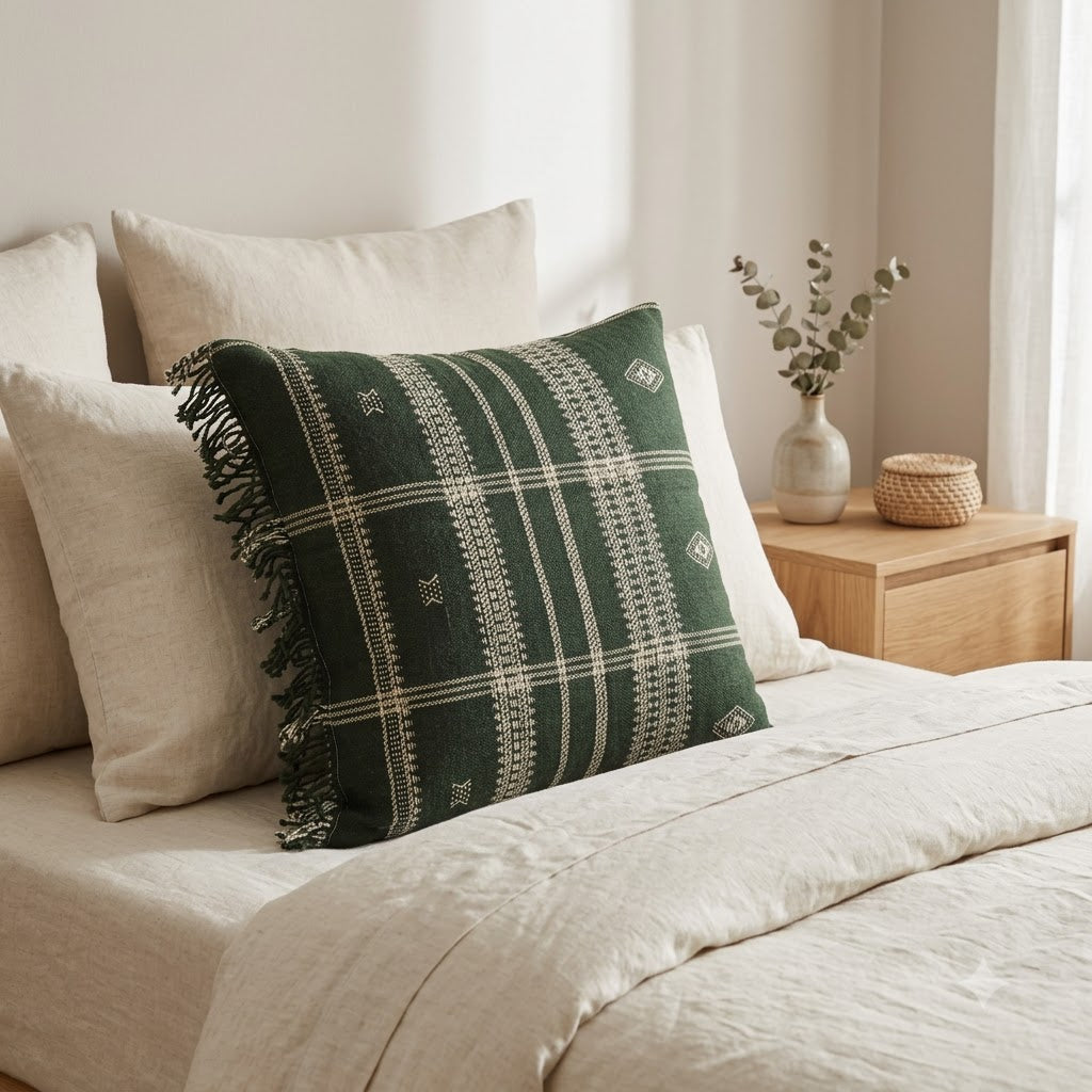 Scott Artisanal Green Fringed Cushion