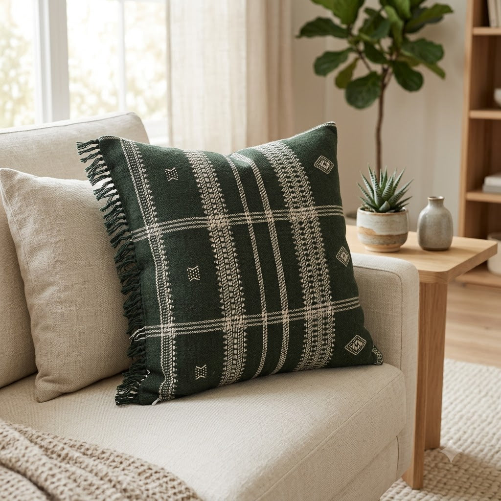 Scott Artisanal Green Fringed Cushion